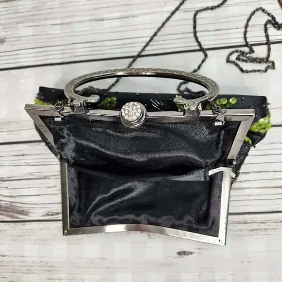 CEM Vintage Black Sequins Silver Handle Purse Mini Bag Floral - Picture 6 of 8